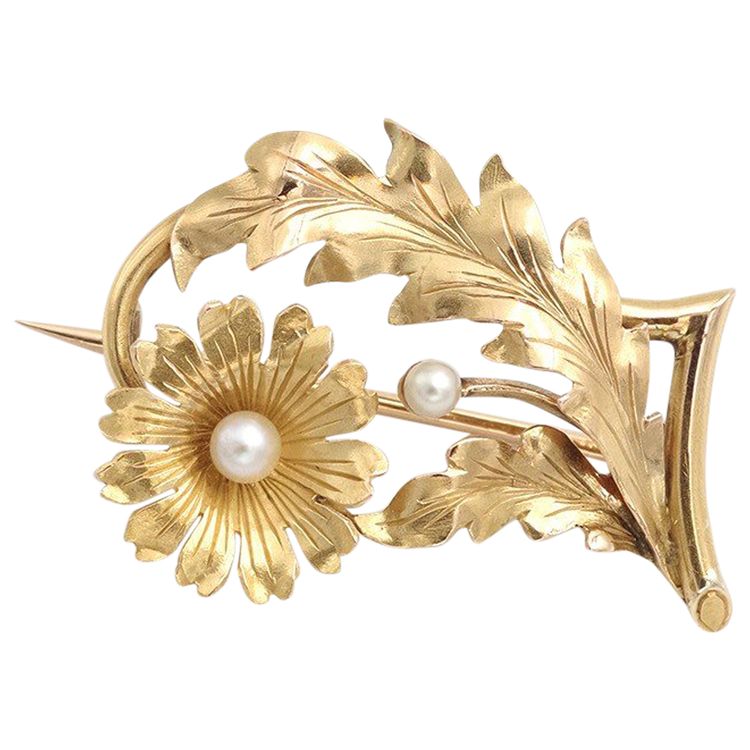Broche fleur perles en or 18k, broche ancienne, perle de culture, bijou ancien