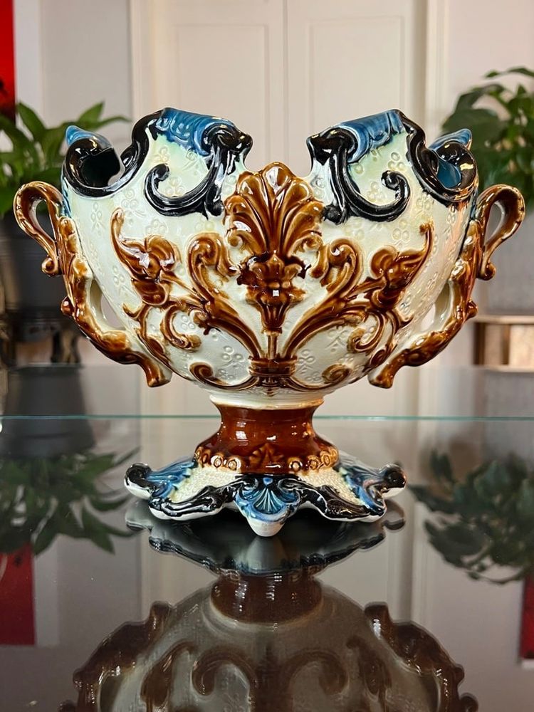 Barbotine Planter with Dragon Foliage Decor - Earthenware Planter