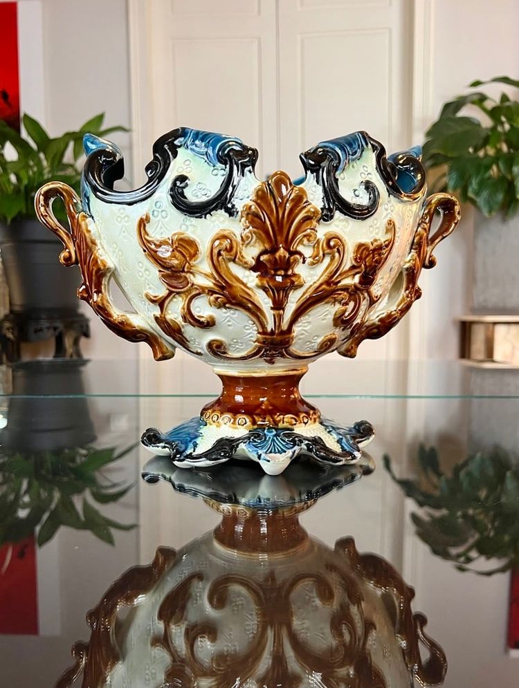 Barbotine Planter with Dragon Foliage Decor - Earthenware Planter