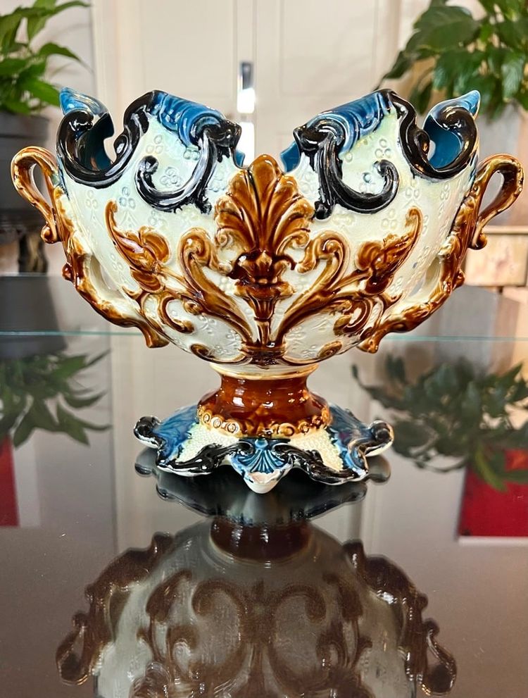 Barbotine Planter with Dragon Foliage Decor - Earthenware Planter