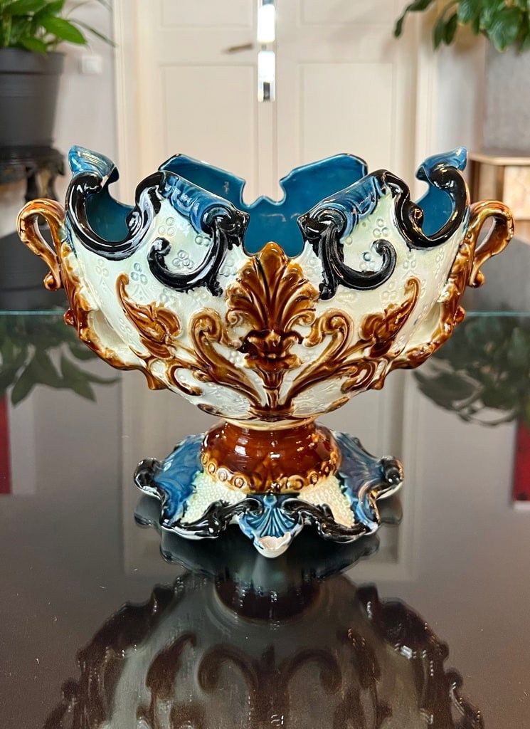 Barbotine Planter with Dragon Foliage Decor - Earthenware Planter
