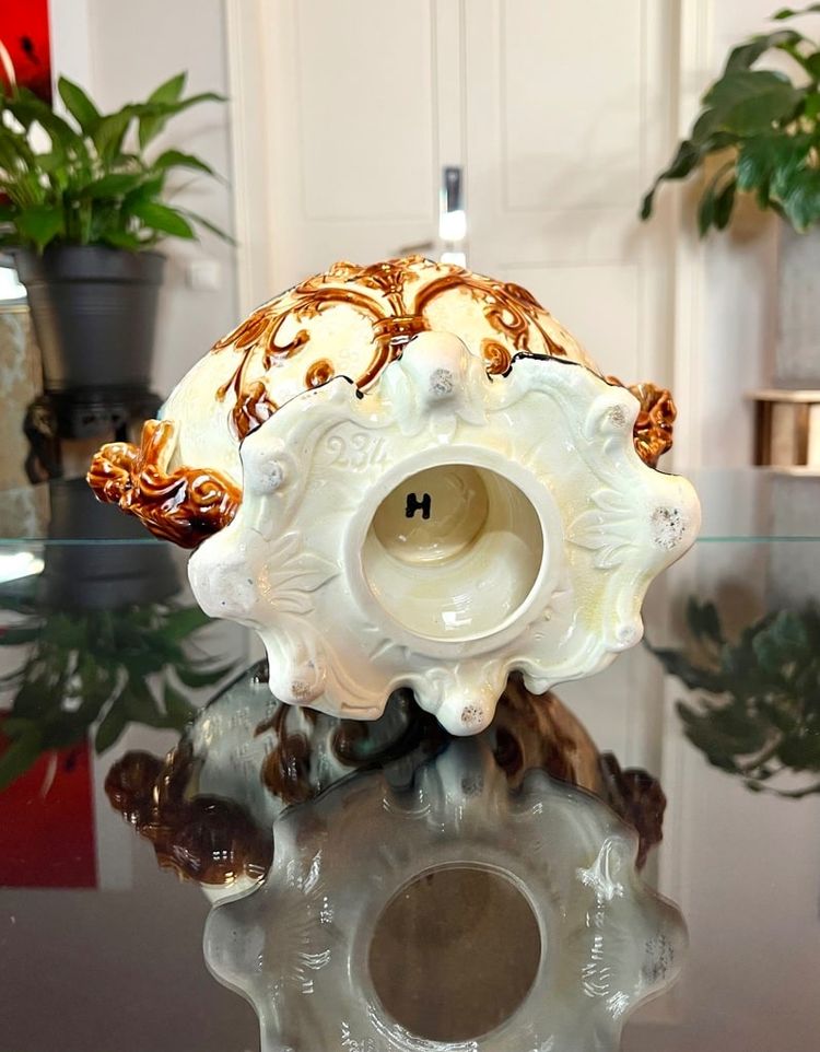 Barbotine Planter with Dragon Foliage Decor - Earthenware Planter
