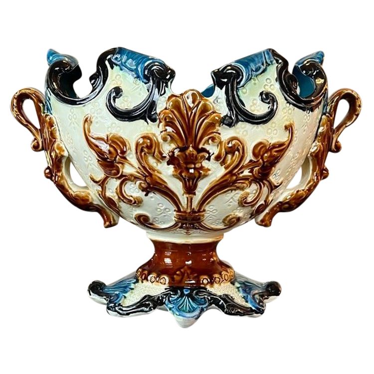 Barbotine Planter with Dragon Foliage Decor - Earthenware Planter