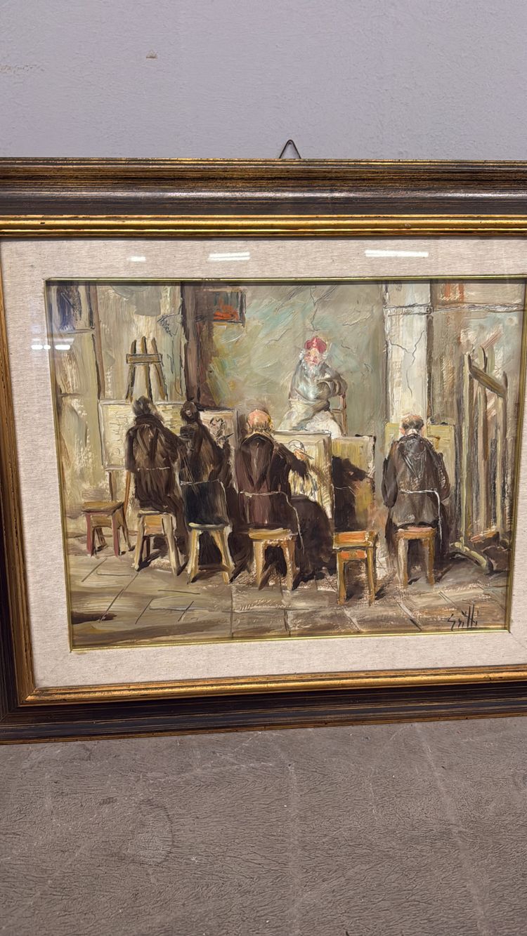 Oil painting on canvas friars artists in studio. Signed Grilli. 20th cent, mis 63x71cm