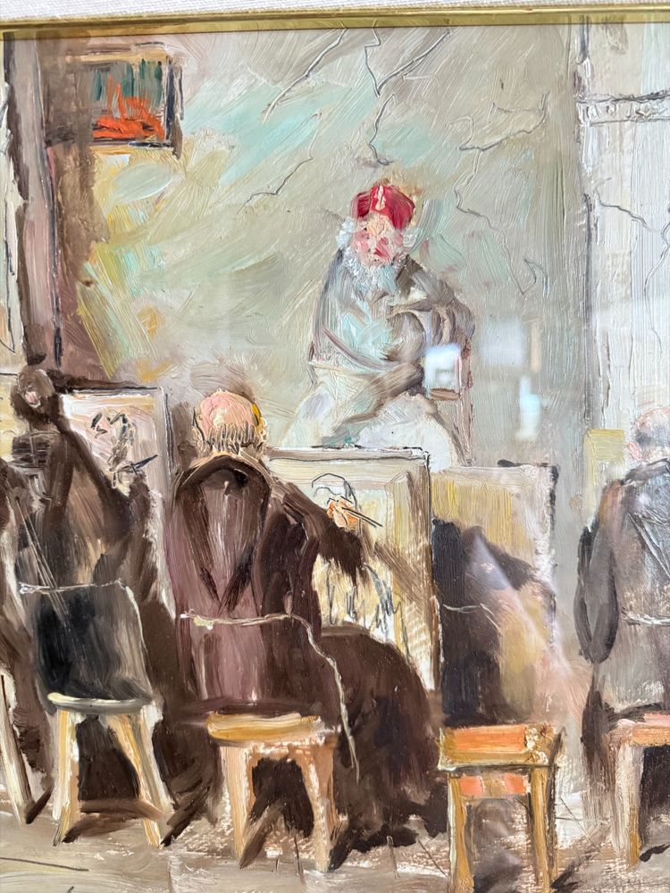 Oil painting on canvas friars artists in studio. Signed Grilli. 20th cent, mis 63x71cm
