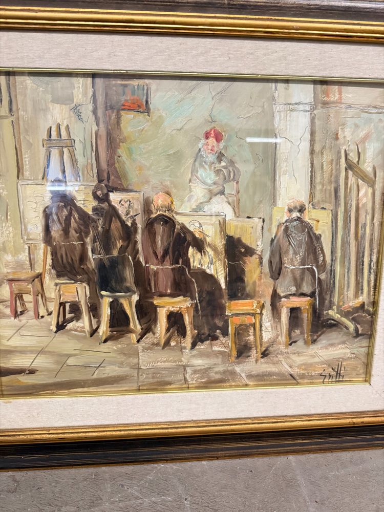 Oil painting on canvas friars artists in studio. Signed Grilli. 20th cent, mis 63x71cm