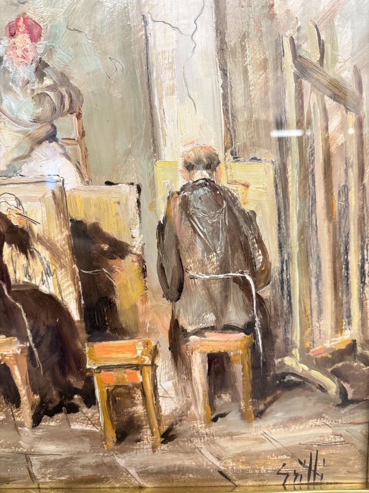 Oil painting on canvas friars artists in studio. Signed Grilli. 20th cent, mis 63x71cm
