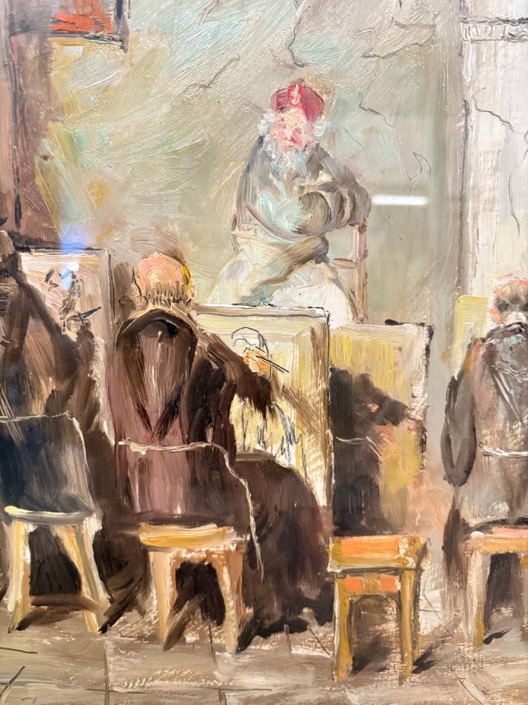 Oil painting on canvas friars artists in studio. Signed Grilli. 20th cent, mis 63x71cm