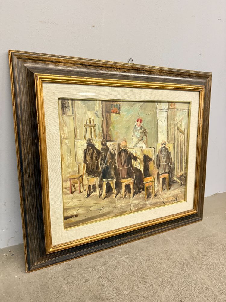Oil painting on canvas friars artists in studio. Signed Grilli. 20th cent, mis 63x71cm