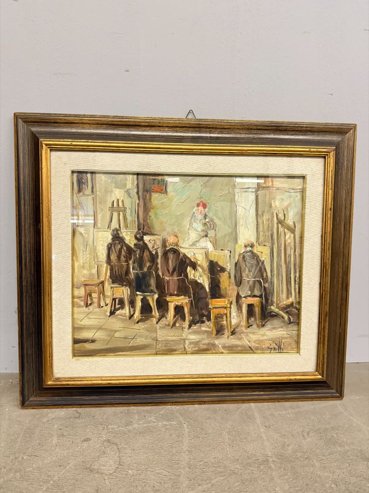 Oil painting on canvas friars artists in studio. Signed Grilli. 20th cent, mis 63x71cm