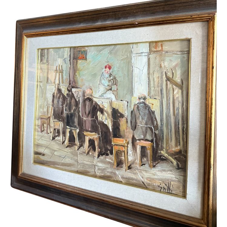 Oil painting on canvas friars artists in studio. Signed Grilli. 20th cent, mis 63x71cm