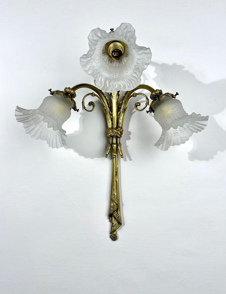 Pair of Bronze and Frosted Glass Tulip Wall Sconces