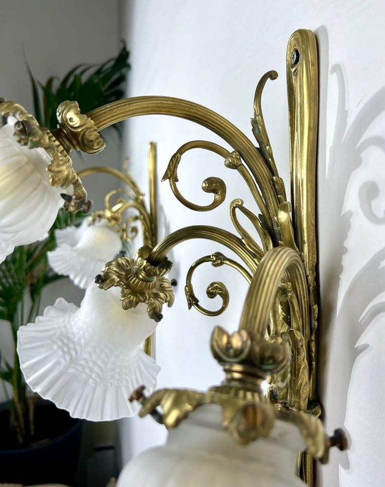 Pair of Bronze and Frosted Glass Tulip Wall Sconces