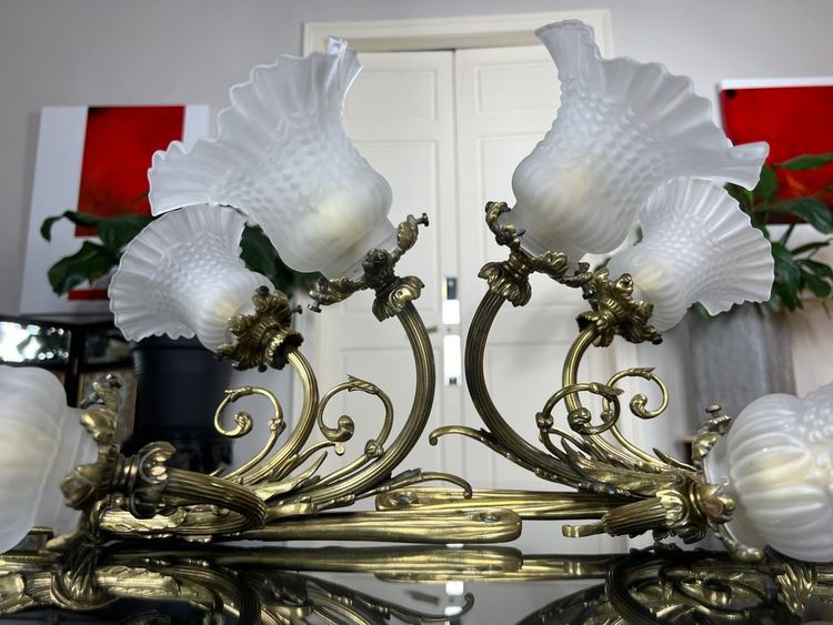 Pair of Bronze and Frosted Glass Tulip Wall Sconces