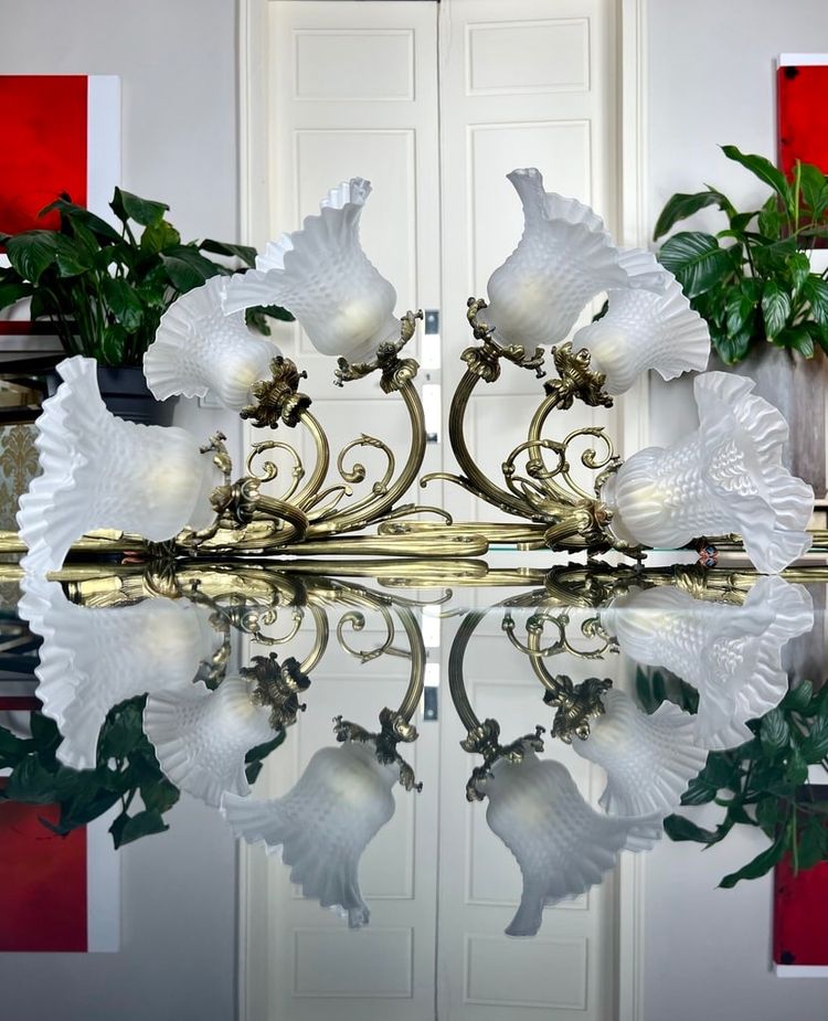 Pair of Bronze and Frosted Glass Tulip Wall Sconces