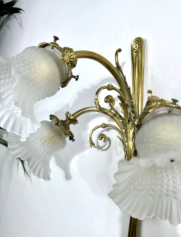 Pair of Bronze and Frosted Glass Tulip Wall Sconces