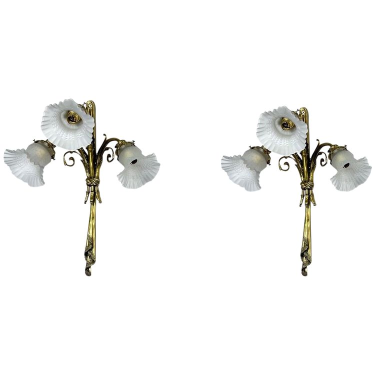 Pair of Bronze and Frosted Glass Tulip Wall Sconces