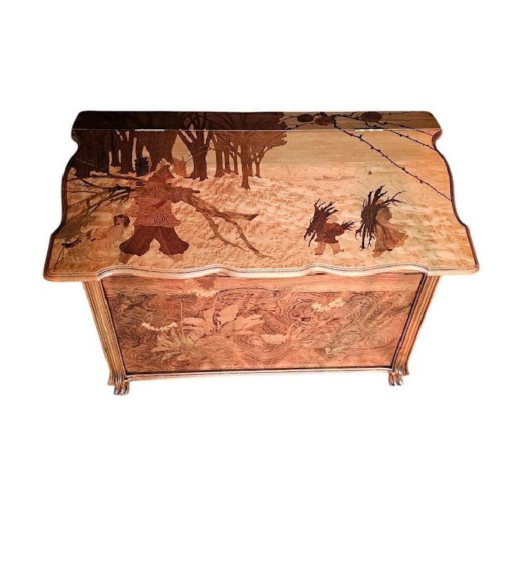 Cassapanca Emile Gallé Art Nouveau "Paesaggio invernale animato