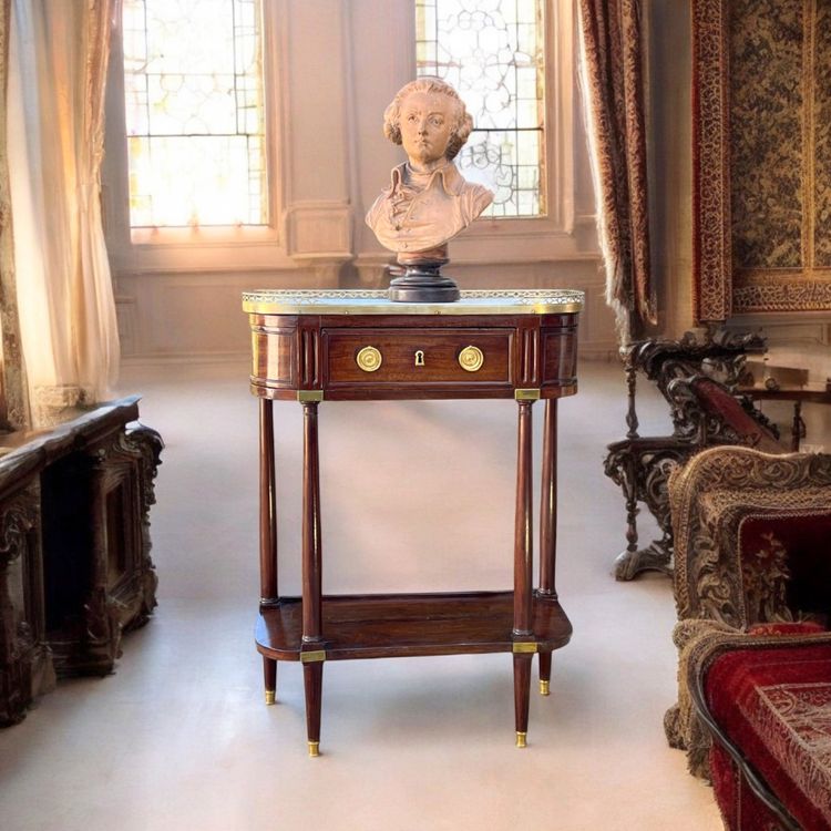 18th CENTURY LOUIS XVI CONSOLE / HALF MOON DESSERTE IN JEWELRY WITH MARBLE BASE