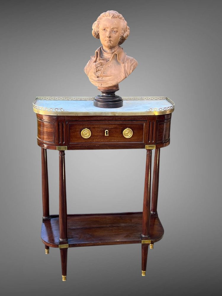 18th CENTURY LOUIS XVI CONSOLE / HALF MOON DESSERTE IN JEWELRY WITH MARBLE BASE