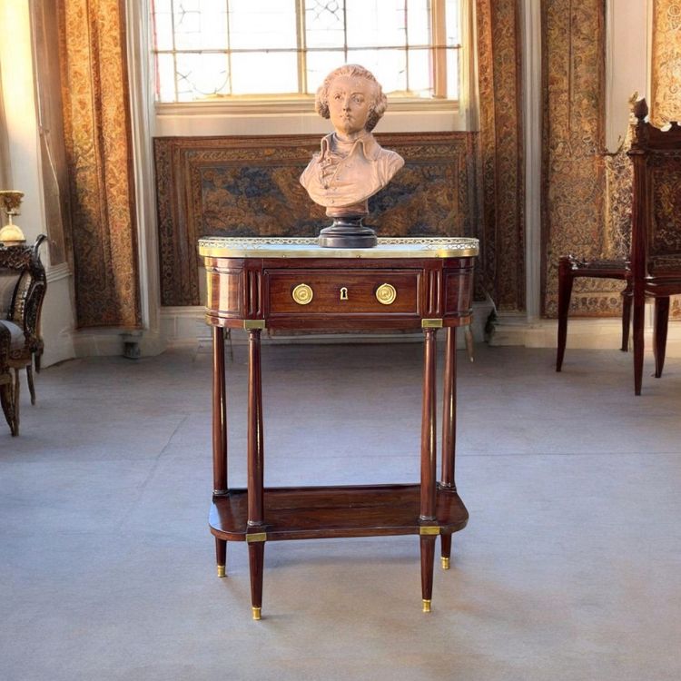 18th CENTURY LOUIS XVI CONSOLE / HALF MOON DESSERTE IN JEWELRY WITH MARBLE BASE
