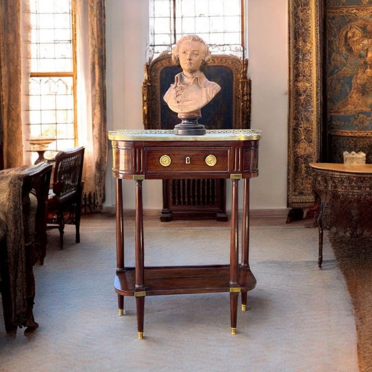18th CENTURY LOUIS XVI CONSOLE / HALF MOON DESSERTE IN JEWELRY WITH MARBLE BASE