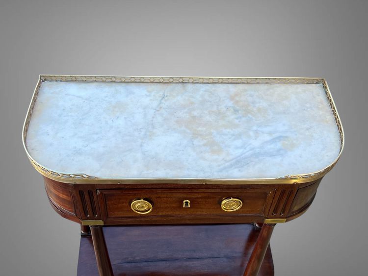 18th CENTURY LOUIS XVI CONSOLE / HALF MOON DESSERTE IN JEWELRY WITH MARBLE BASE