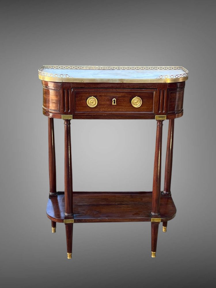 18th CENTURY LOUIS XVI CONSOLE / HALF MOON DESSERTE IN JEWELRY WITH MARBLE BASE
