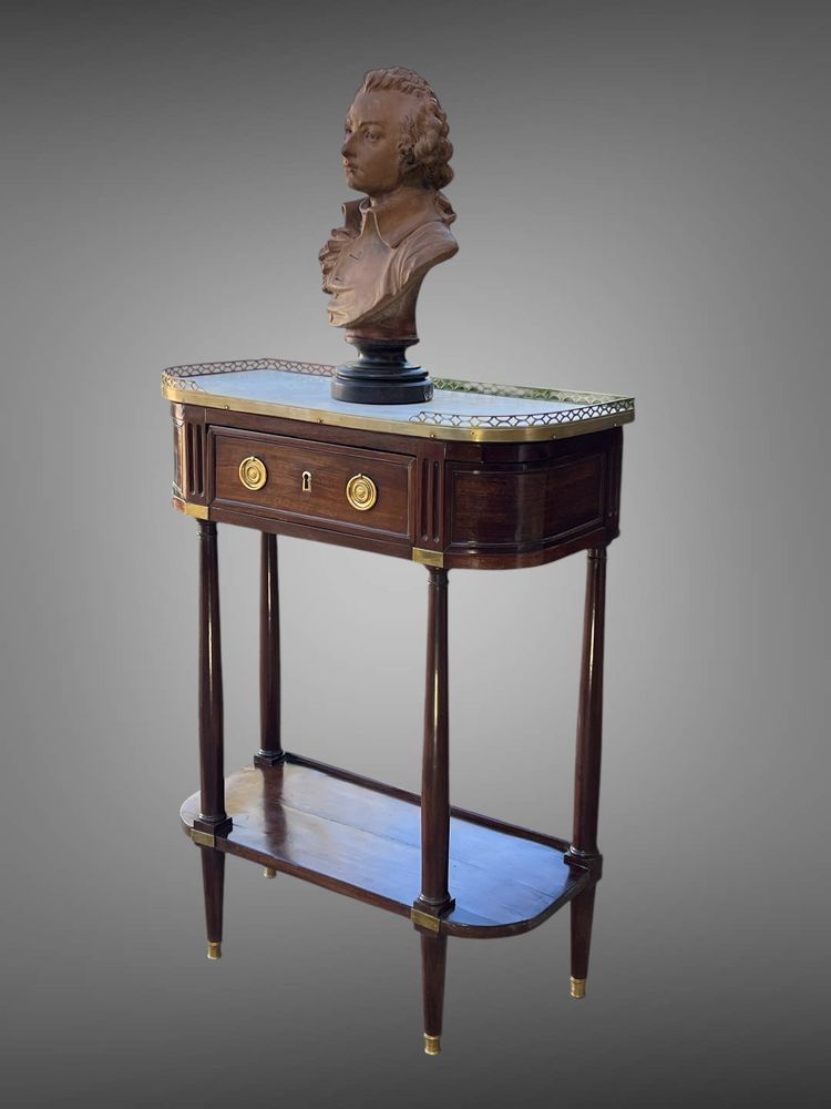 18th CENTURY LOUIS XVI CONSOLE / HALF MOON DESSERTE IN JEWELRY WITH MARBLE BASE