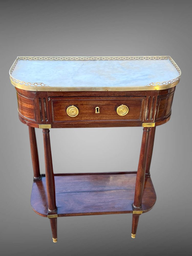 18th CENTURY LOUIS XVI CONSOLE / HALF MOON DESSERTE IN JEWELRY WITH MARBLE BASE
