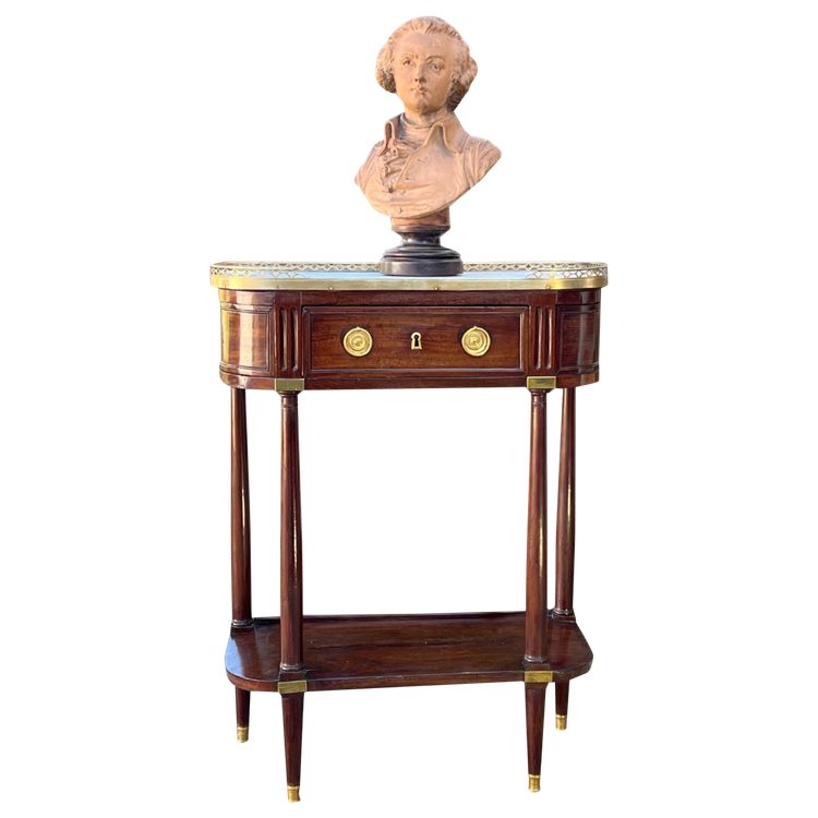 18th CENTURY LOUIS XVI CONSOLE / HALF MOON DESSERTE IN JEWELRY WITH MARBLE BASE
