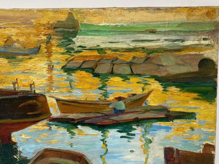 Olio su tela firmato Denys o Lenys H. Bacino di carenaggio del porto di Marsiglia