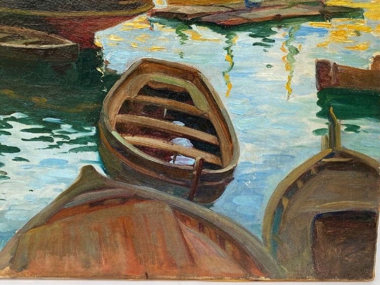 Olio su tela firmato Denys o Lenys H. Bacino di carenaggio del porto di Marsiglia