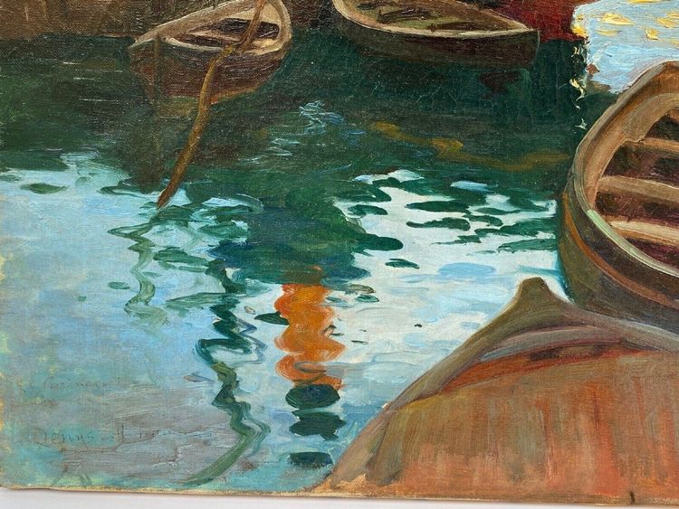 Olio su tela firmato Denys o Lenys H. Bacino di carenaggio del porto di Marsiglia