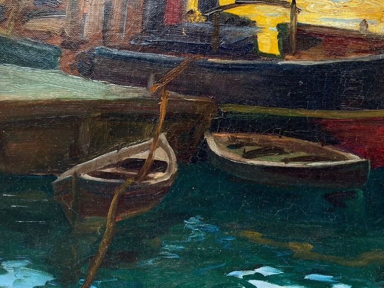Olio su tela firmato Denys o Lenys H. Bacino di carenaggio del porto di Marsiglia