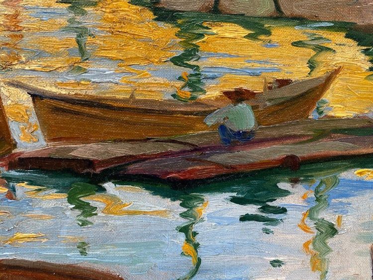 Olio su tela firmato Denys o Lenys H. Bacino di carenaggio del porto di Marsiglia