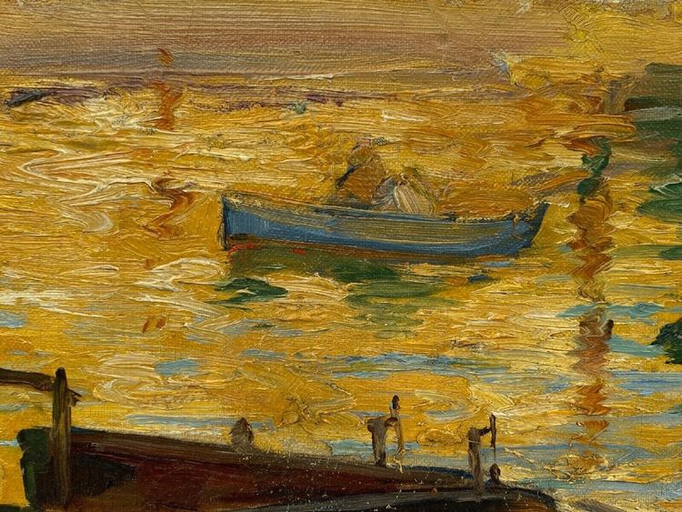 Olio su tela firmato Denys o Lenys H. Bacino di carenaggio del porto di Marsiglia