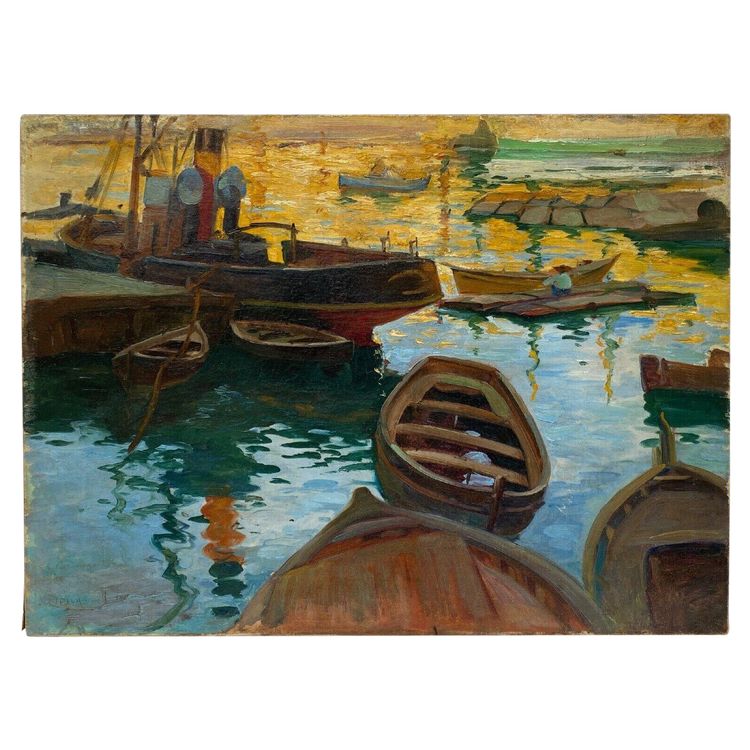 Olio su tela firmato Denys o Lenys H. Bacino di carenaggio del porto di Marsiglia