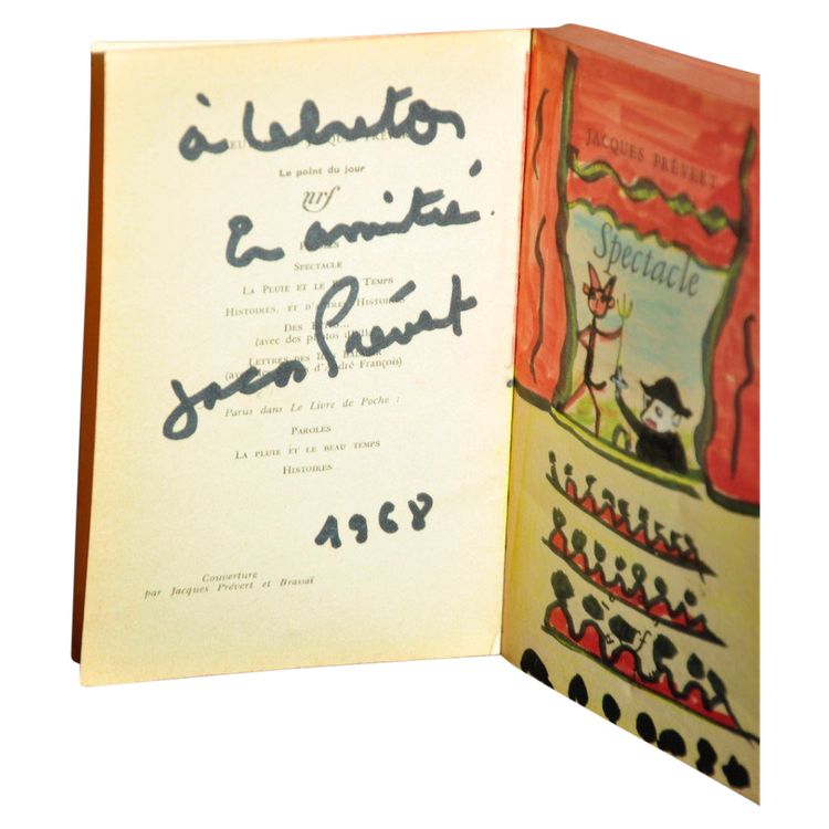 Jacques Prévert Spectacle édition Livre De Poche Dédicacé Avec Dessin (1968)