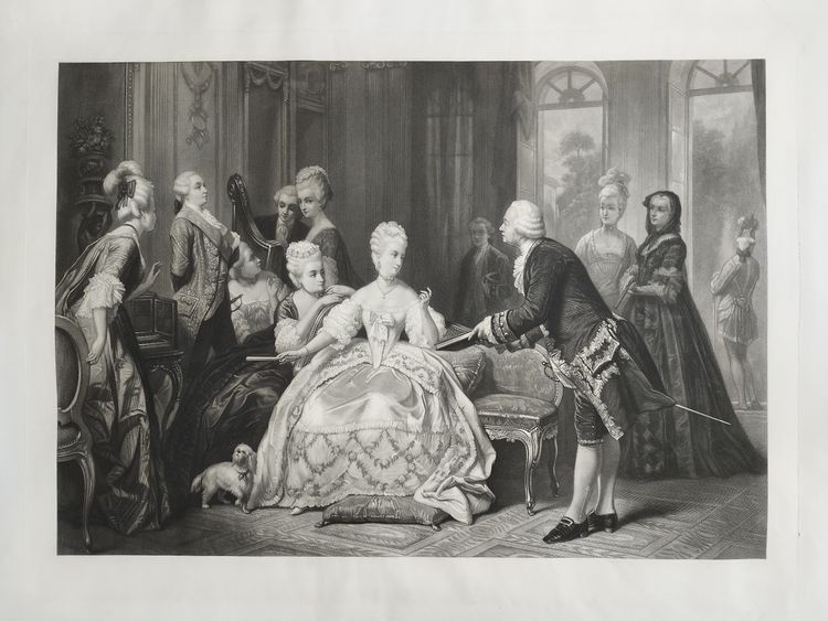 Marie-antoinette And Gluck At Trianon Large Antique Engraving 19th Century Etching Old Print