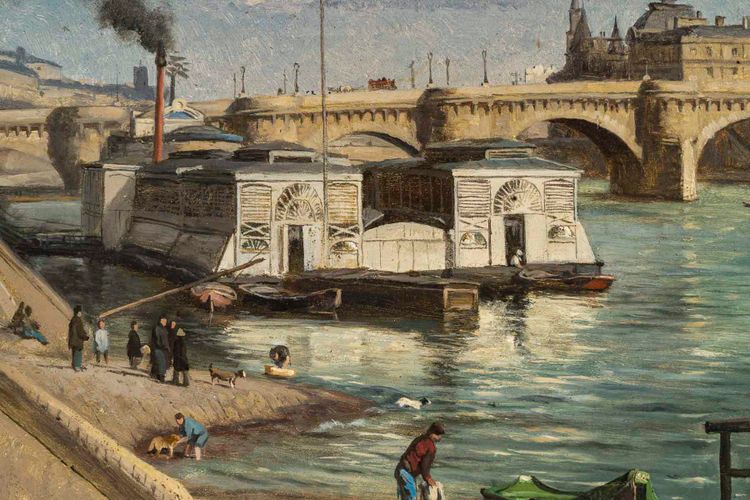 Romain Etienne Gabriel Prieur (1806-1873) Bateaux Lavoirs près du Pont-Neuf Paris olio su tavola