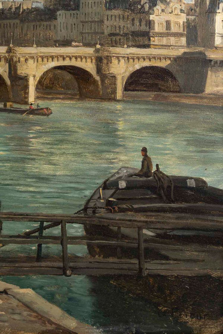 Romain Etienne Gabriel Prieur (1806-1873) Bateaux Lavoirs près du Pont-Neuf Paris olio su tavola