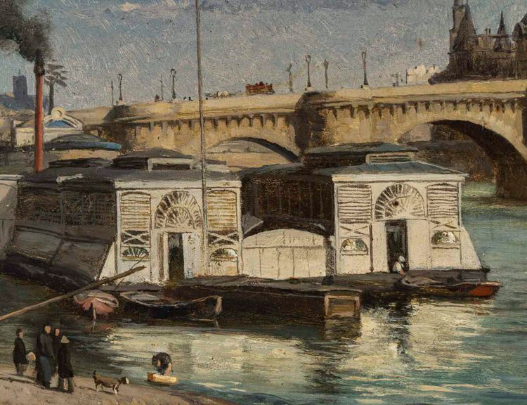 Romain Etienne Gabriel Prieur (1806-1873) Bateaux Lavoirs près du Pont-Neuf Paris olio su tavola