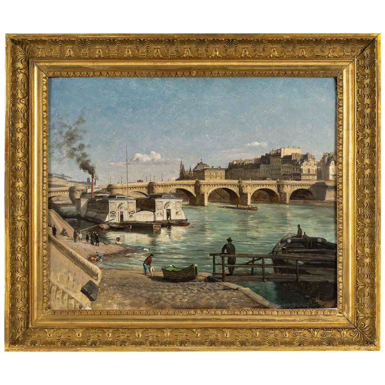 Romain Etienne Gabriel Prieur (1806-1873) Bateaux Lavoirs près du Pont-Neuf Paris olio su tavola
