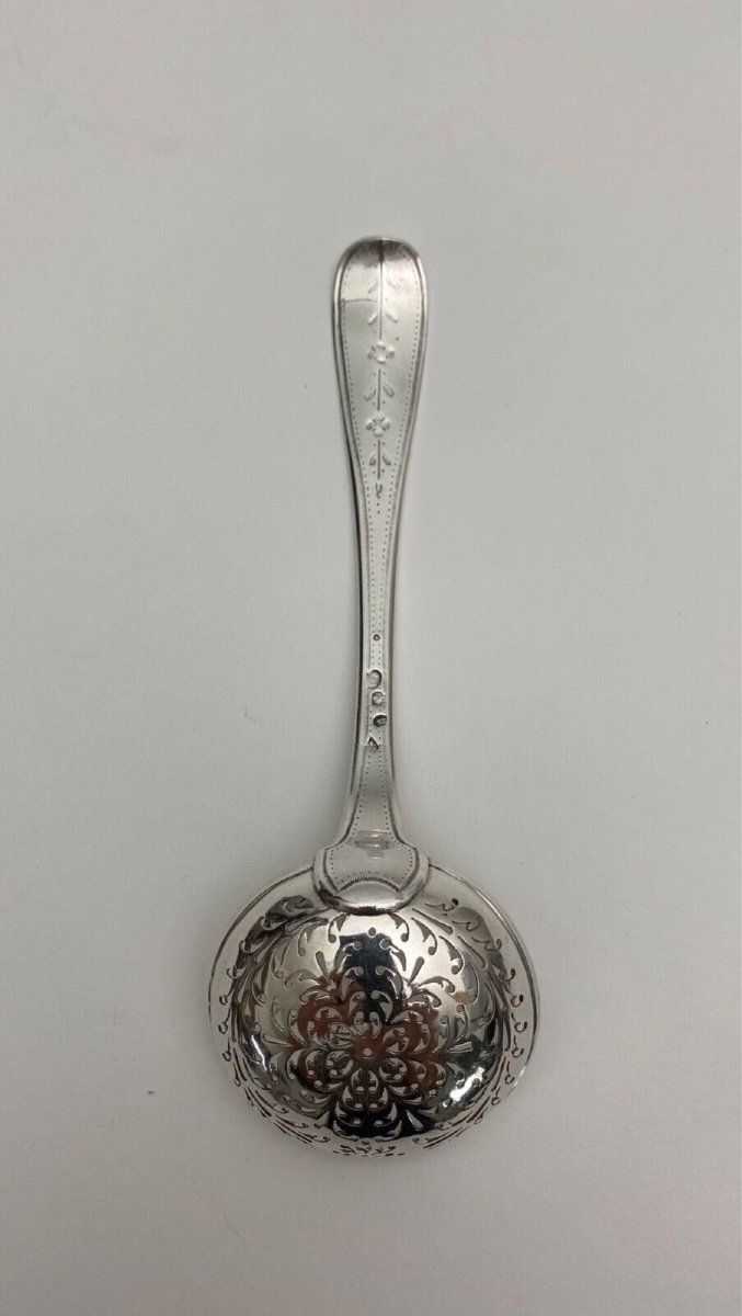 18th century silver sprinkling spoon, Farmers General hallmarks