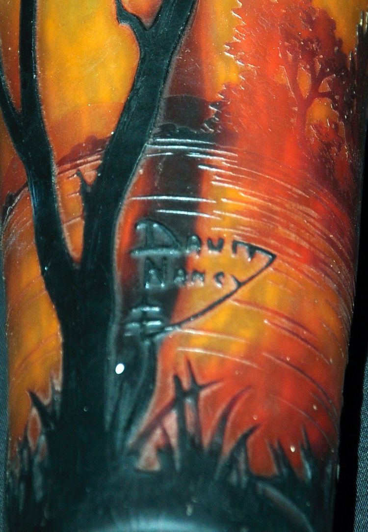 Vase Multicouche Art Nouveau Pâte De Verre Lacustre Paysage Décor Signé Daum Nancy