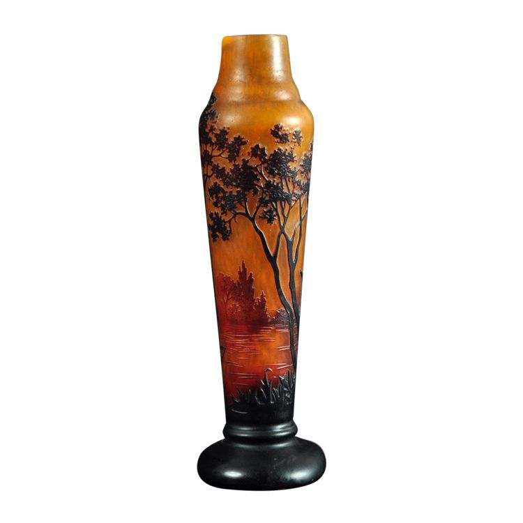 Vase Multicouche Art Nouveau Pâte De Verre Lacustre Paysage Décor Signé Daum Nancy