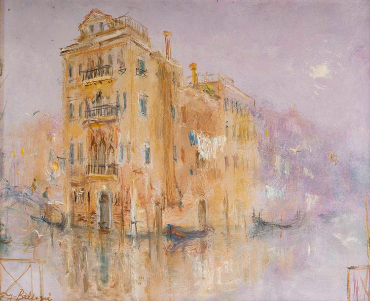 Serge Belloni (1925-2005), Kanal von Venedig im Nebel, Öl auf Holz, Um 1970