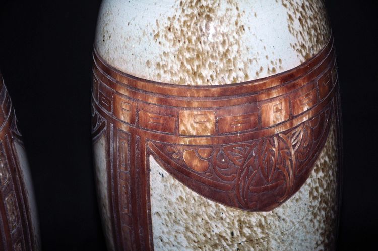 Paire De Vases Ovoïdes Signés Legras Art Déco Pâte De Verre Marmoréenne Circa 1930