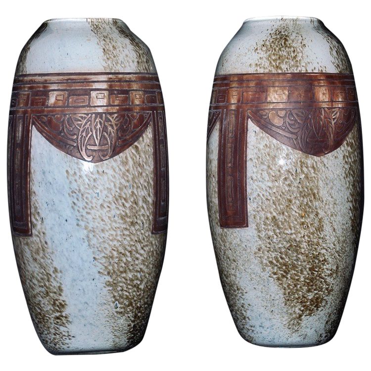 Paire De Vases Ovoïdes Signés Legras Art Déco Pâte De Verre Marmoréenne Circa 1930